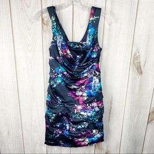 EXPRESS Silk Multicolored Floral Ruched Tiered Fitted Mini Dress - Size 0